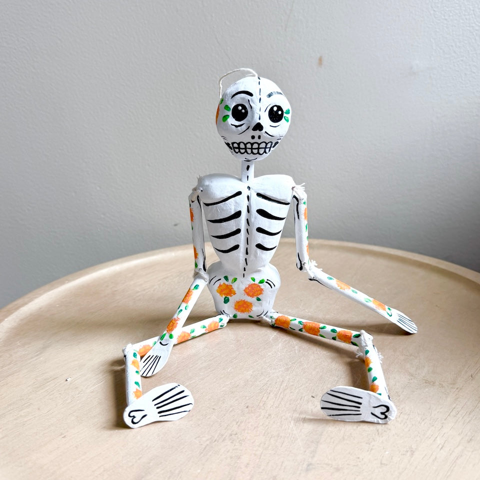White Paper Mache Skeleton With Marigold