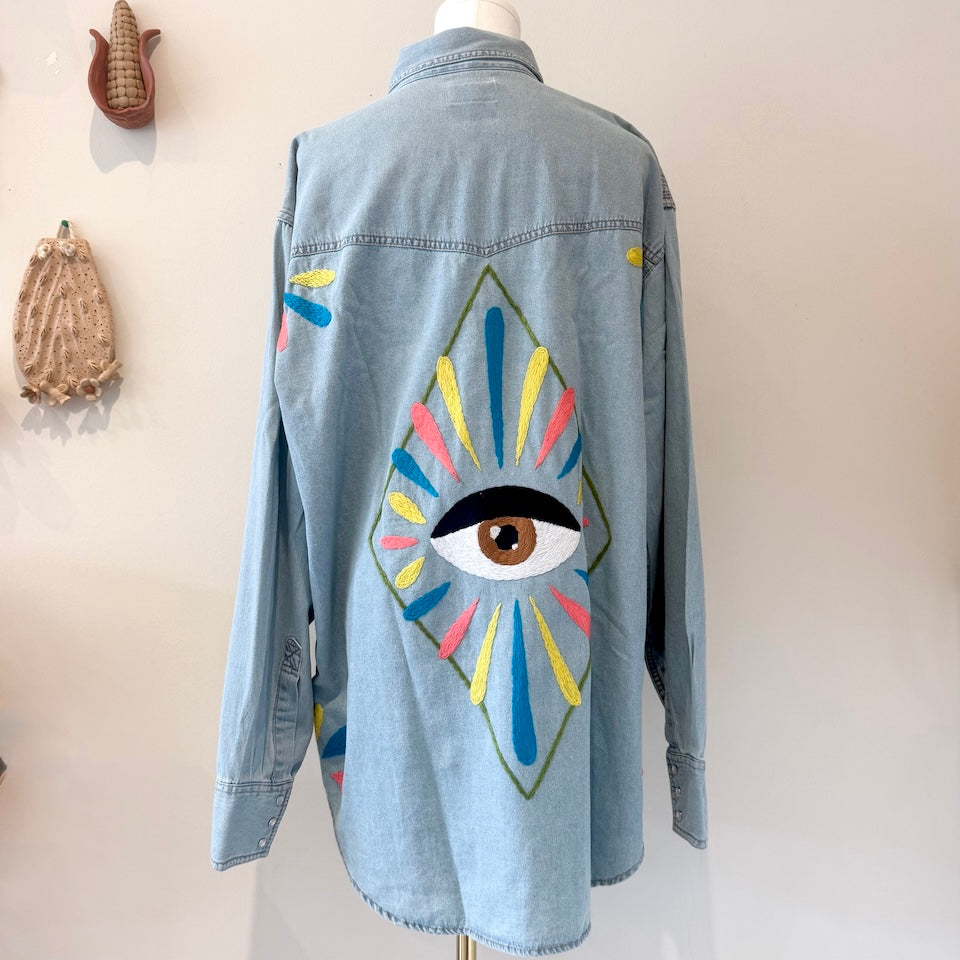 Evil Eye Embroidered Button-up Top