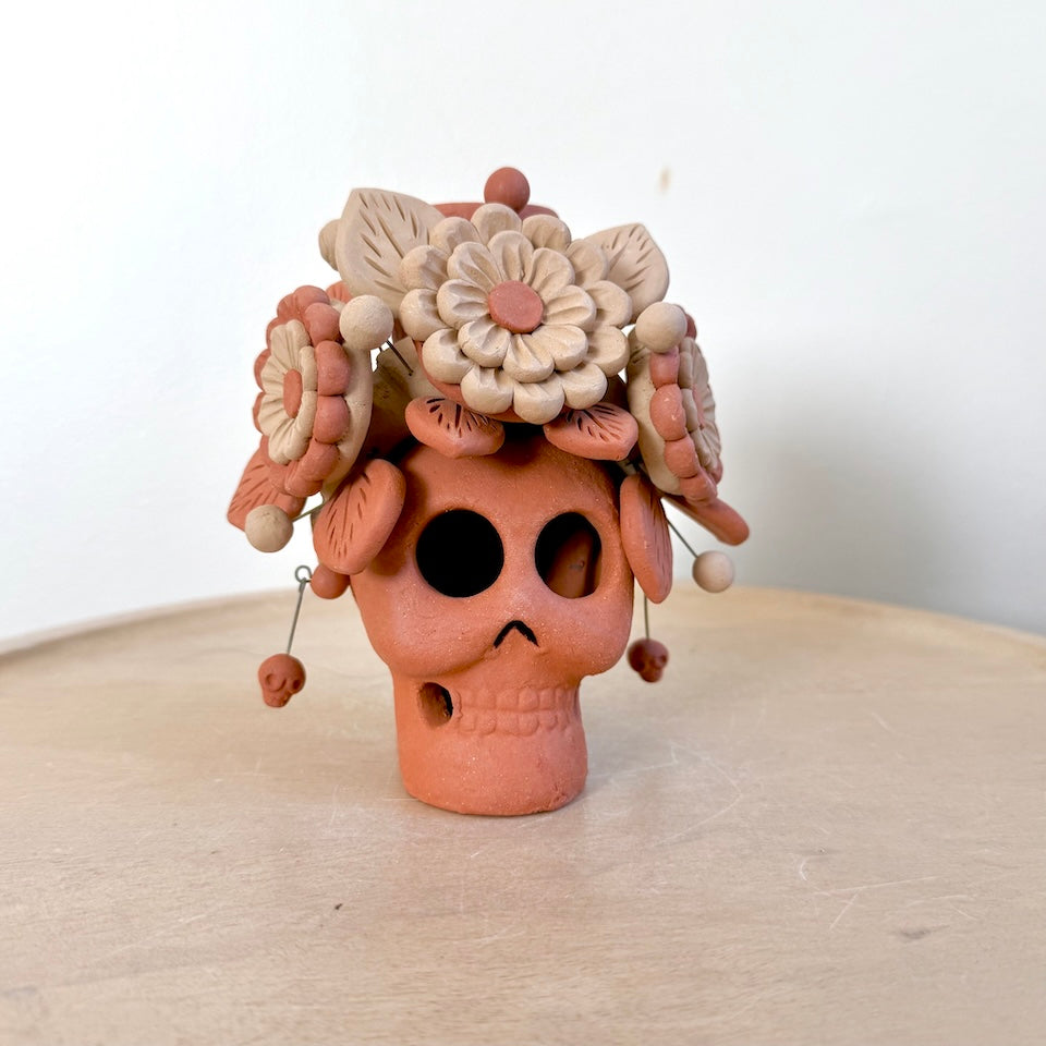 Catrina Clay Candle Holder Skulls with Skull Earrings