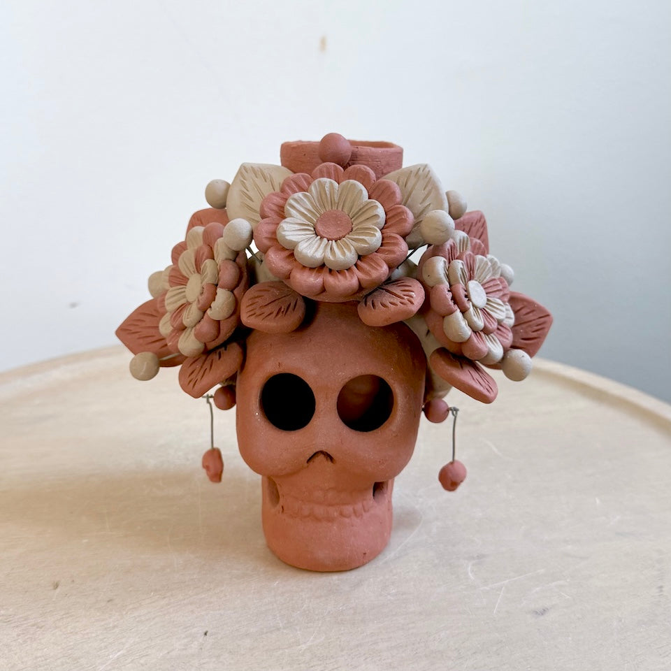 Catrina Clay Candle Holder Skulls with Skull Earrings