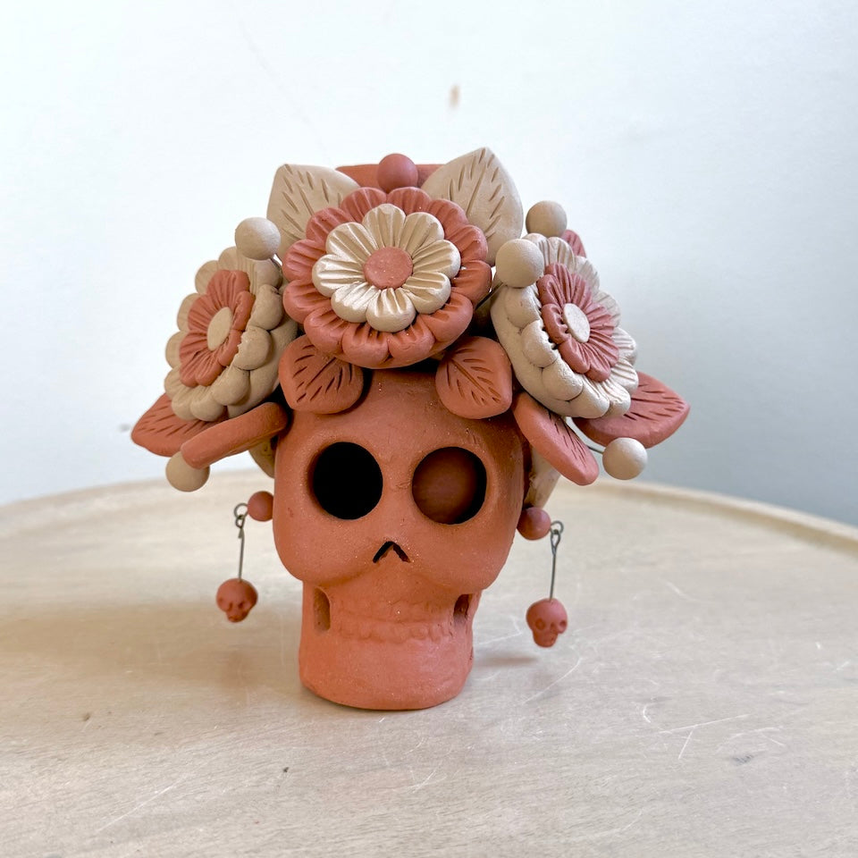 Catrina Clay Candle Holder Skulls with Skull Earrings