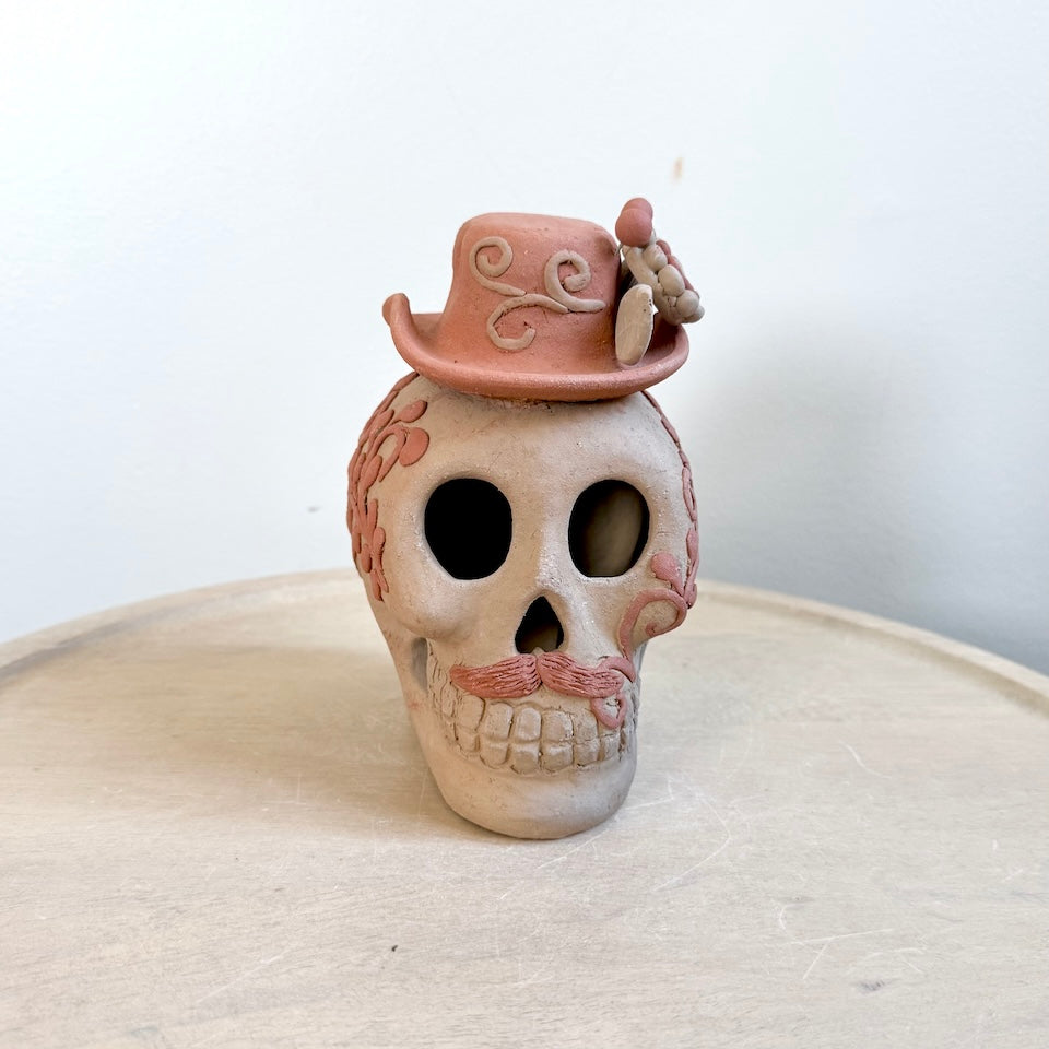 Large Natural Catrin Clay Skull With Sombrero