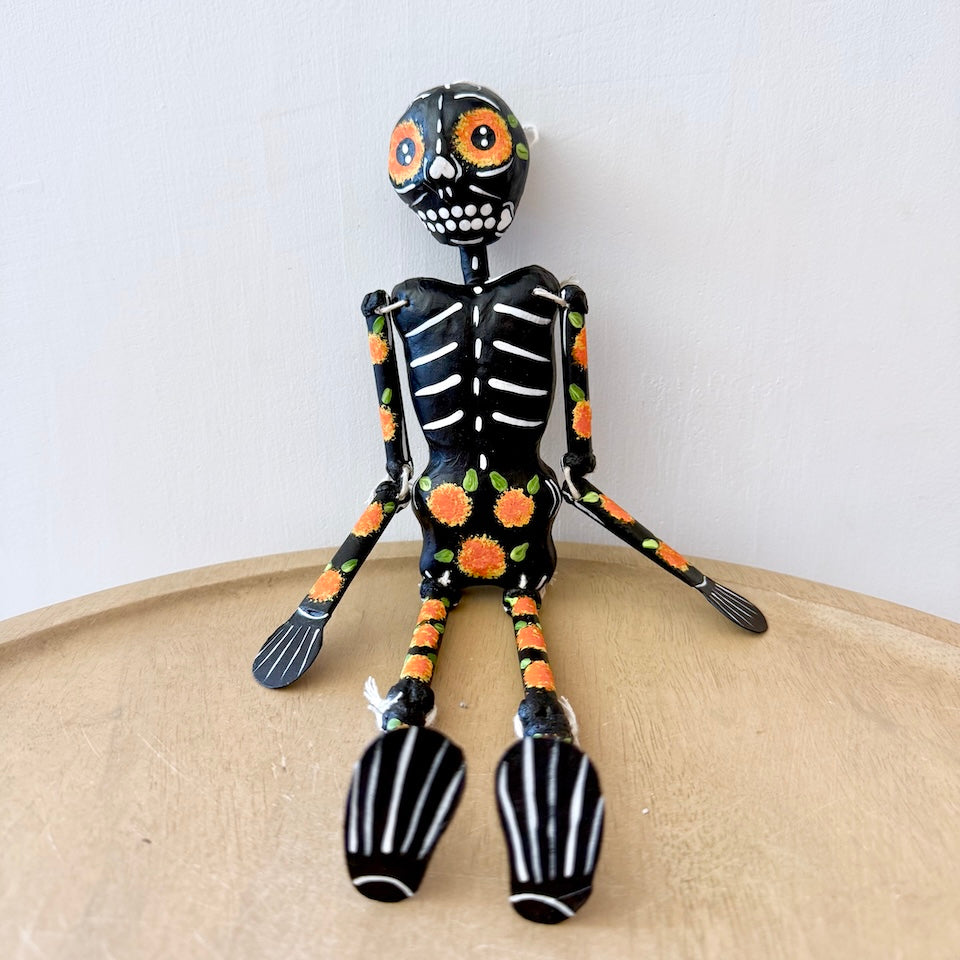 Black Paper Mache Skeleton With Marigold Cempasuchil
