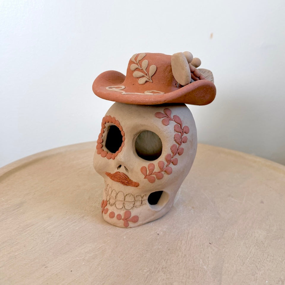 Large Natural Catrin Clay Skull With Sombrero