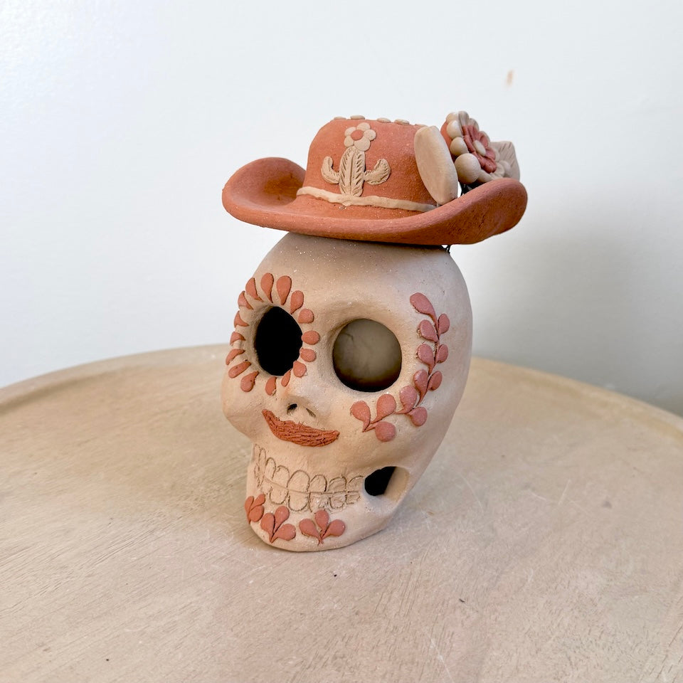Large Natural Catrin Clay Skull With Sombrero