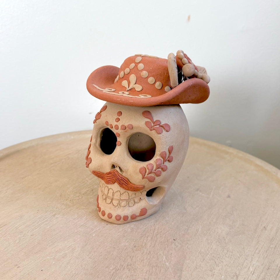 Large Natural Catrin Clay Skull With Sombrero