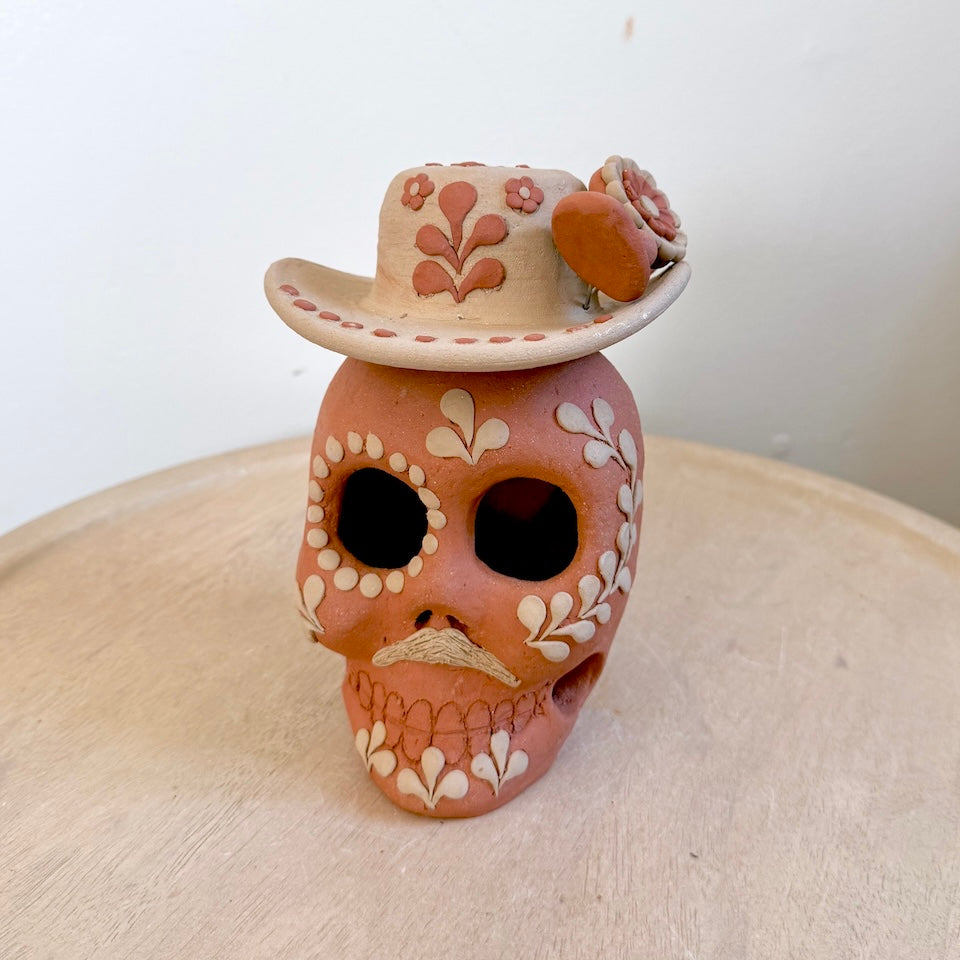 Large Red Catrin Clay Skull With Sombrero