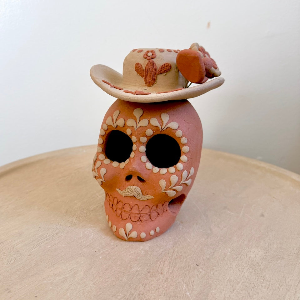 Large Red Catrin Clay Skull With Sombrero