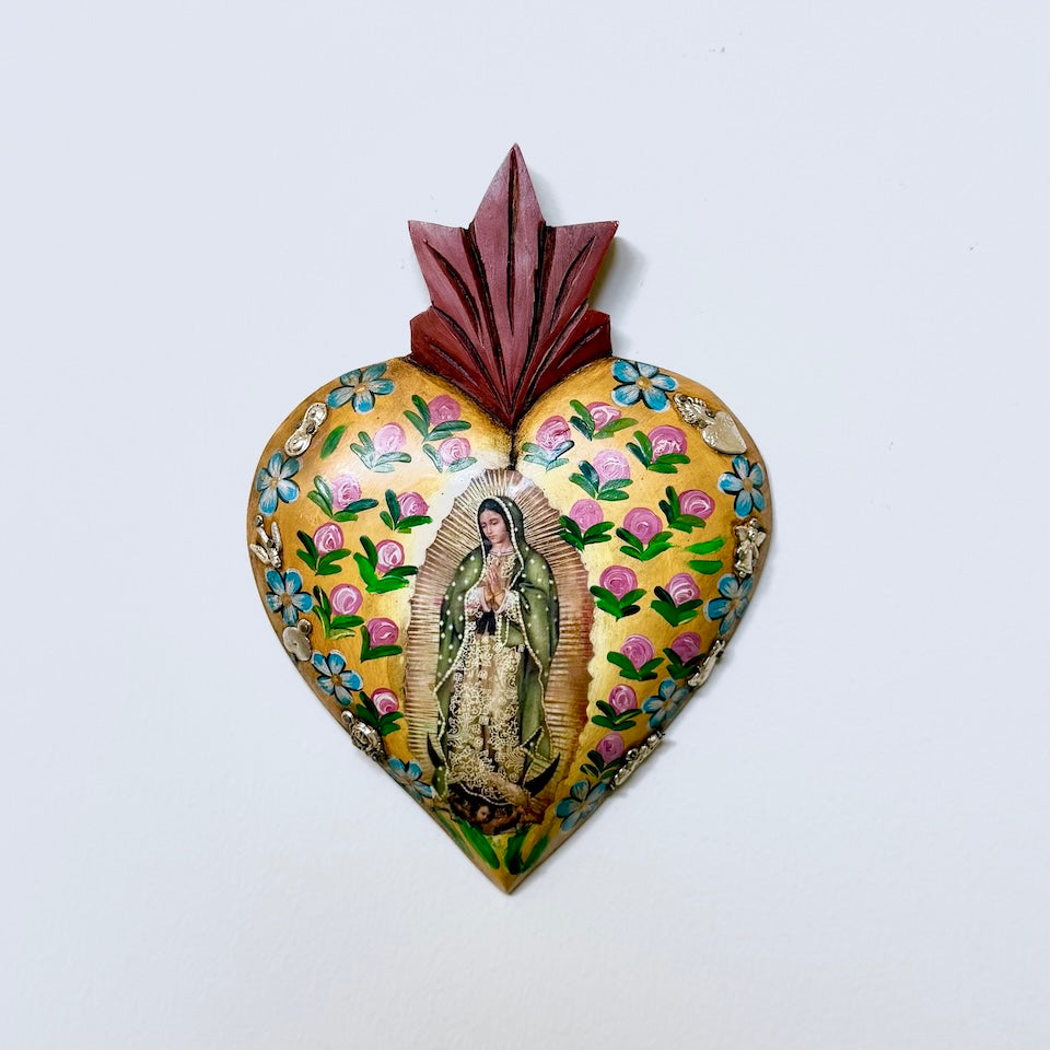Large Antique Style Virgencita Handpainted Heart