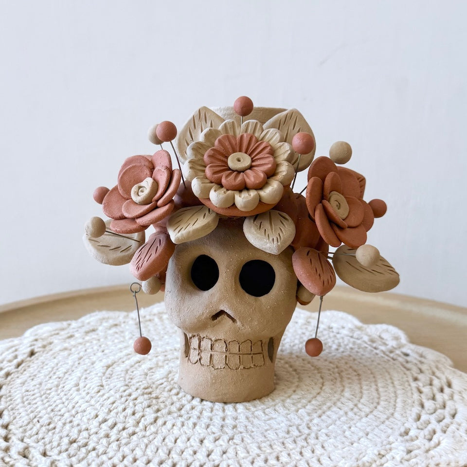 Natural Clay Catrina Candle Holder Skulls with Earrings