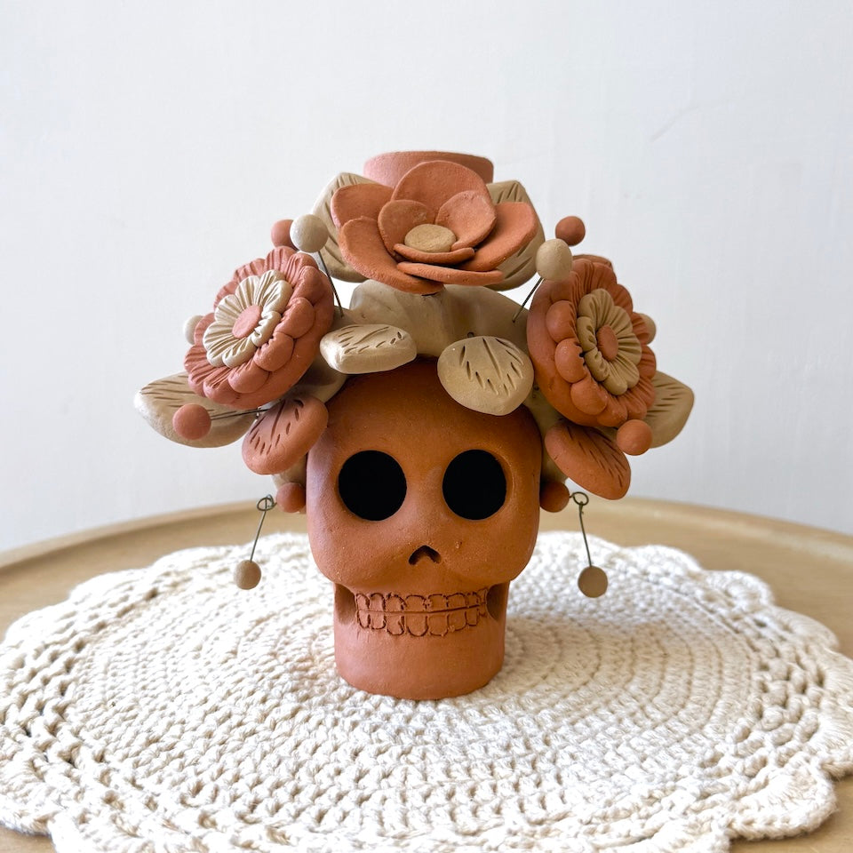 Red Clay Catrina Candle Holder Skulls with Earrings