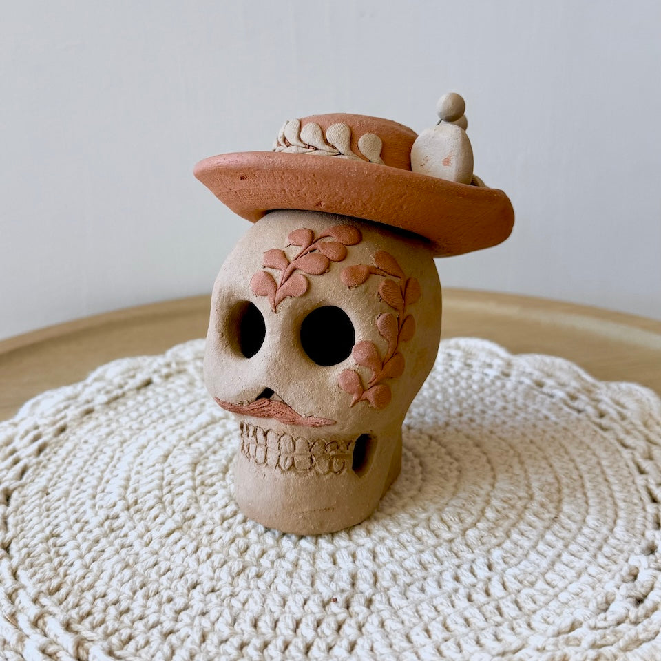Natural Catrin Clay Skulls With Sombrero
