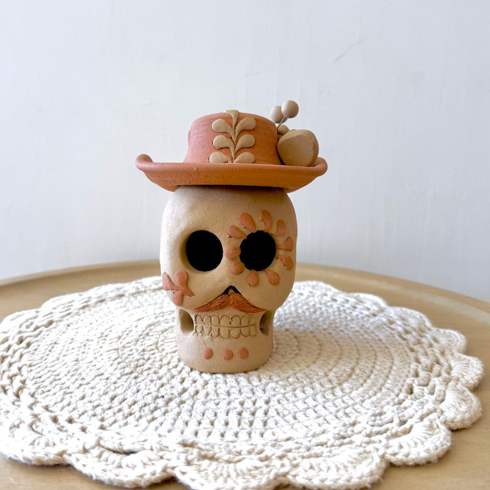 Natural Catrin Clay Skulls With Sombrero