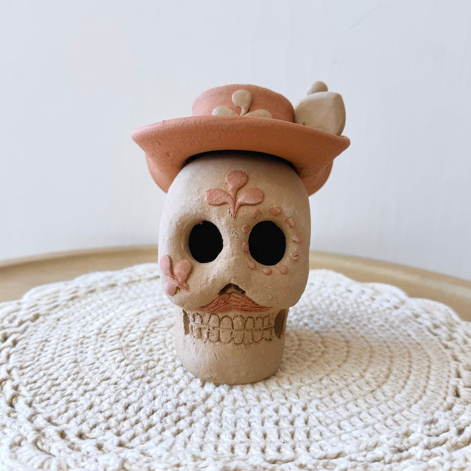 Natural Catrin Clay Skulls With Sombrero