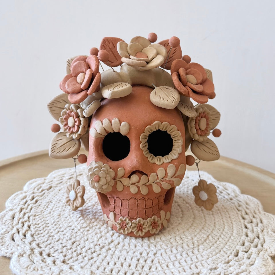 Large Red Catrina Clay Skull With Flower Braids