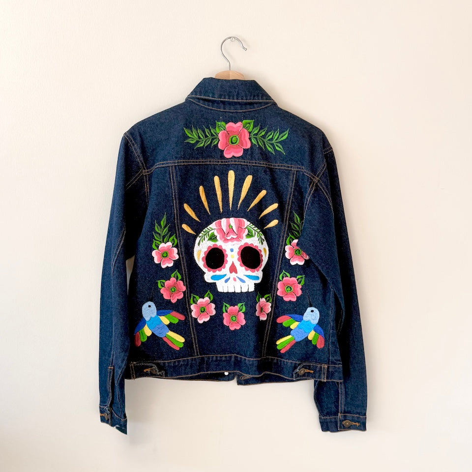 Medium Dark Denim Calavera Hummingbird & Flowers Embroidered Jacket