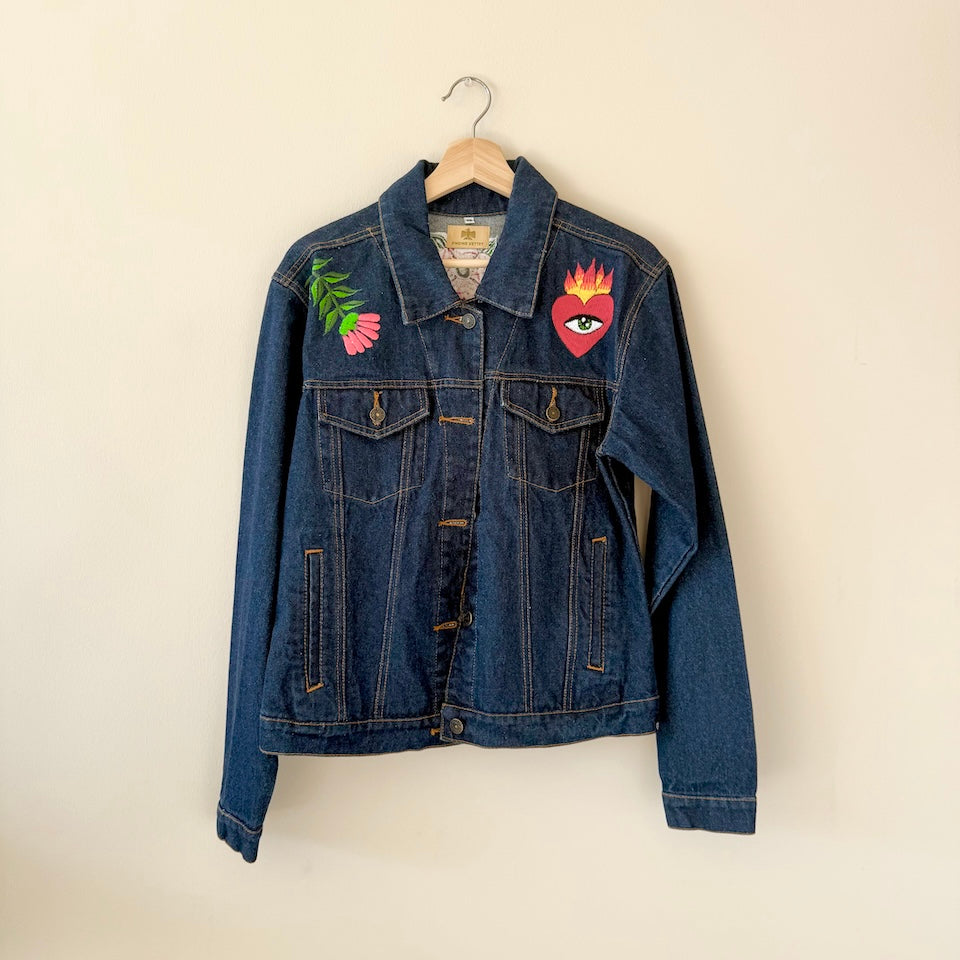 Medium Dark Denim Calavera Hummingbird & Flowers Embroidered Jacket