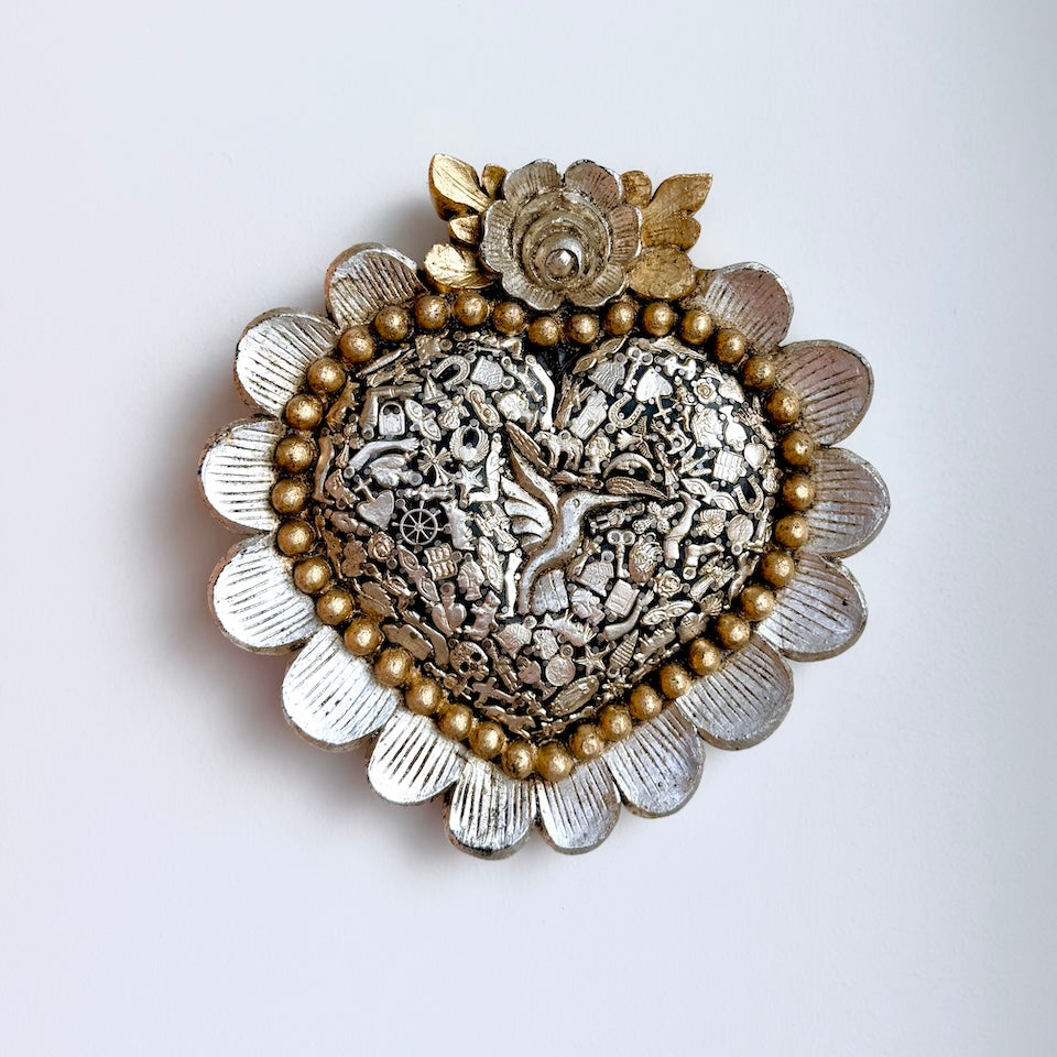 Extra Large Silver Milagro Heart with Hummingbird