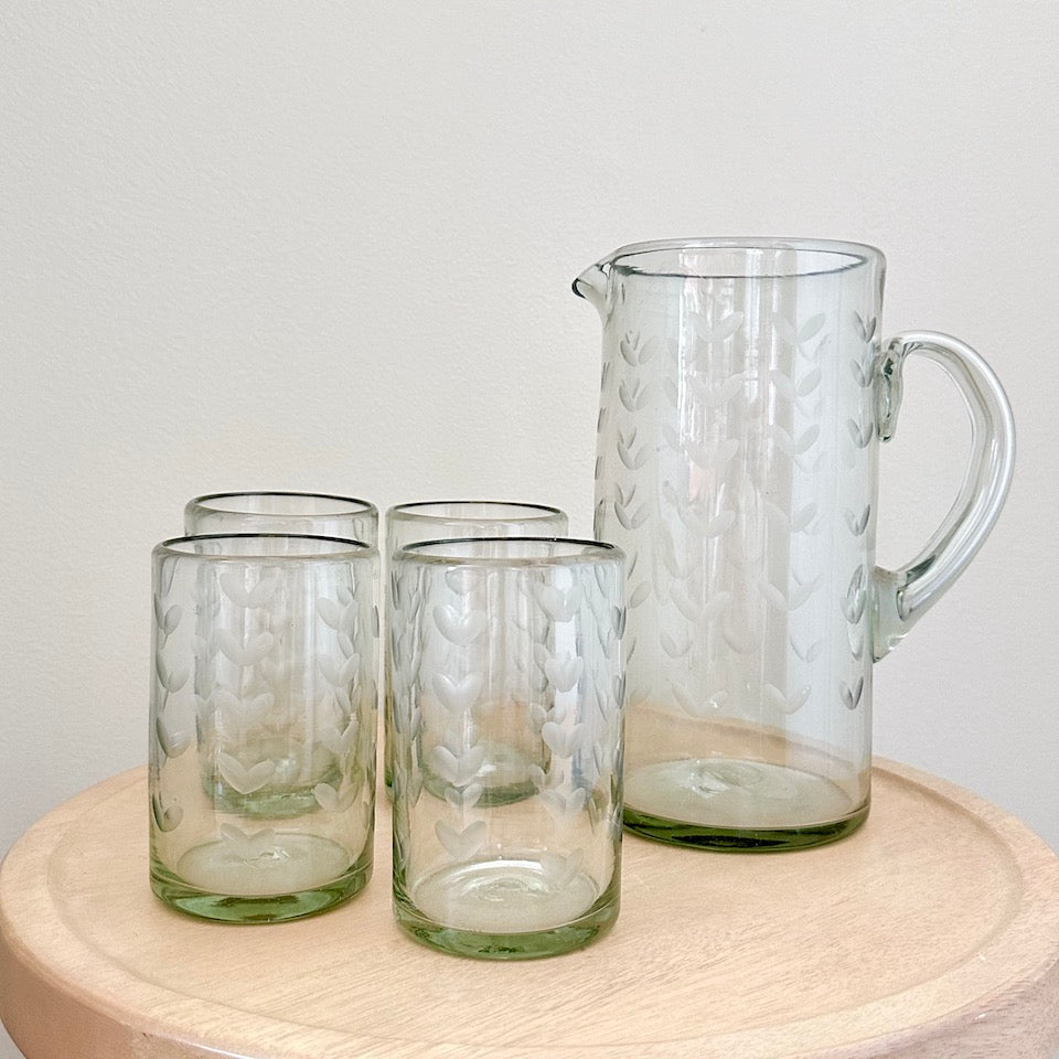 Long Heart Etched Glass Pitcher Set - Clear