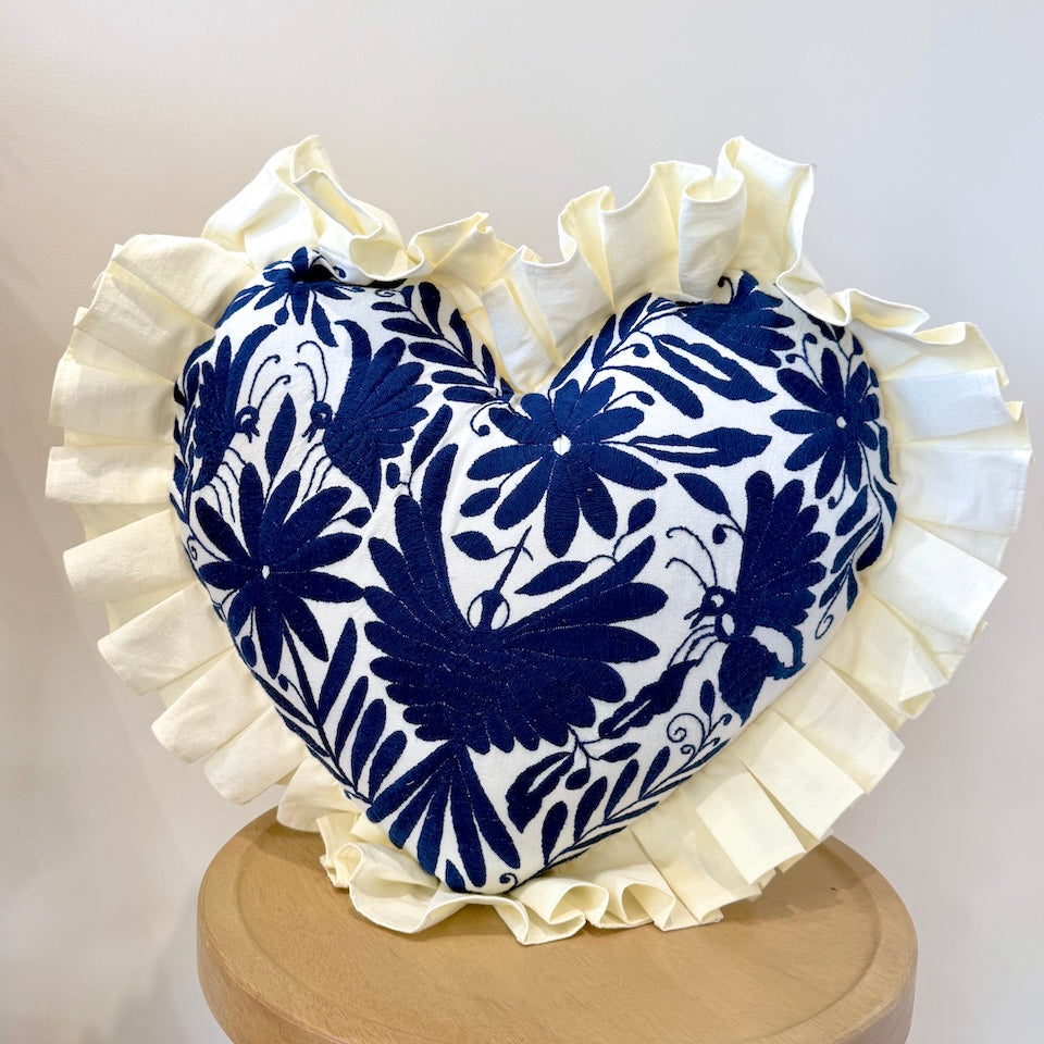 Royal Blue Heart Shaped Otomi Pillow Cover with Fringe
