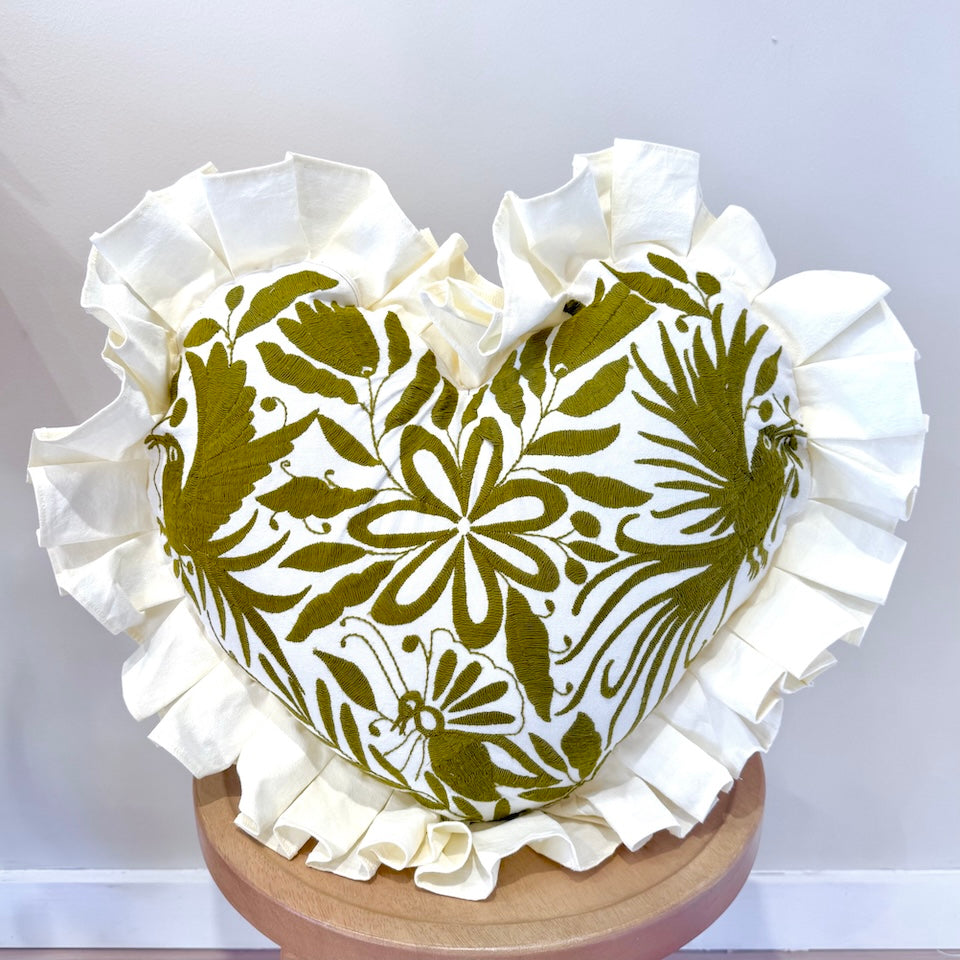 Olive Green Heart Shaped Otomi Pillow Cover with Fringe