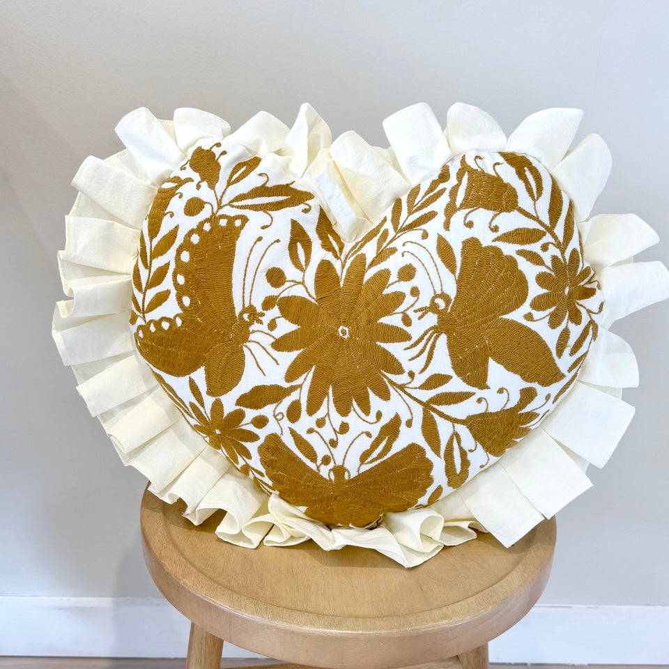 Gold Heart Shaped Otomi Pillow Cover with Fringe