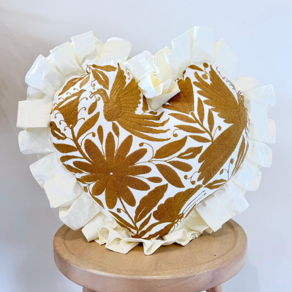Gold Heart Shaped Otomi Pillow Cover with Fringe