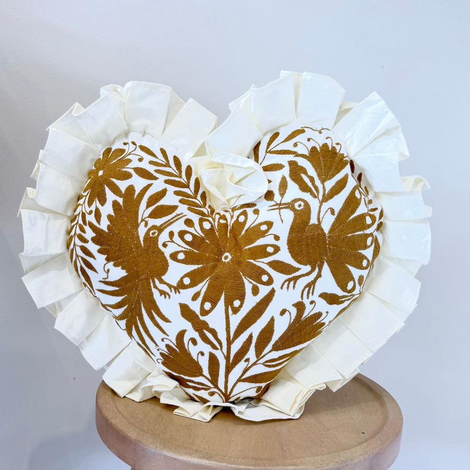 Gold Heart Shaped Otomi Pillow Cover with Fringe