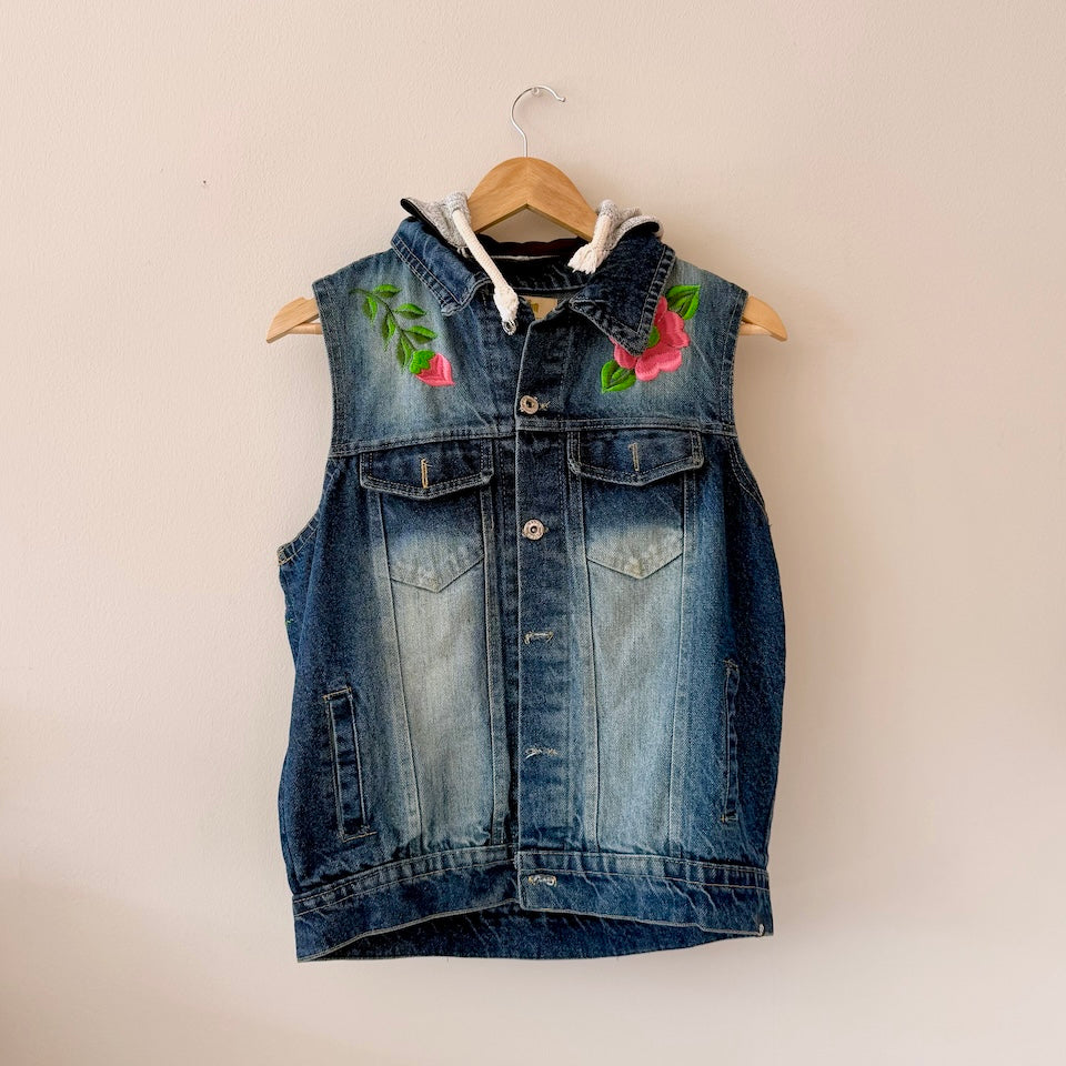 Medium Dark Denim Flower Embroidered Vest