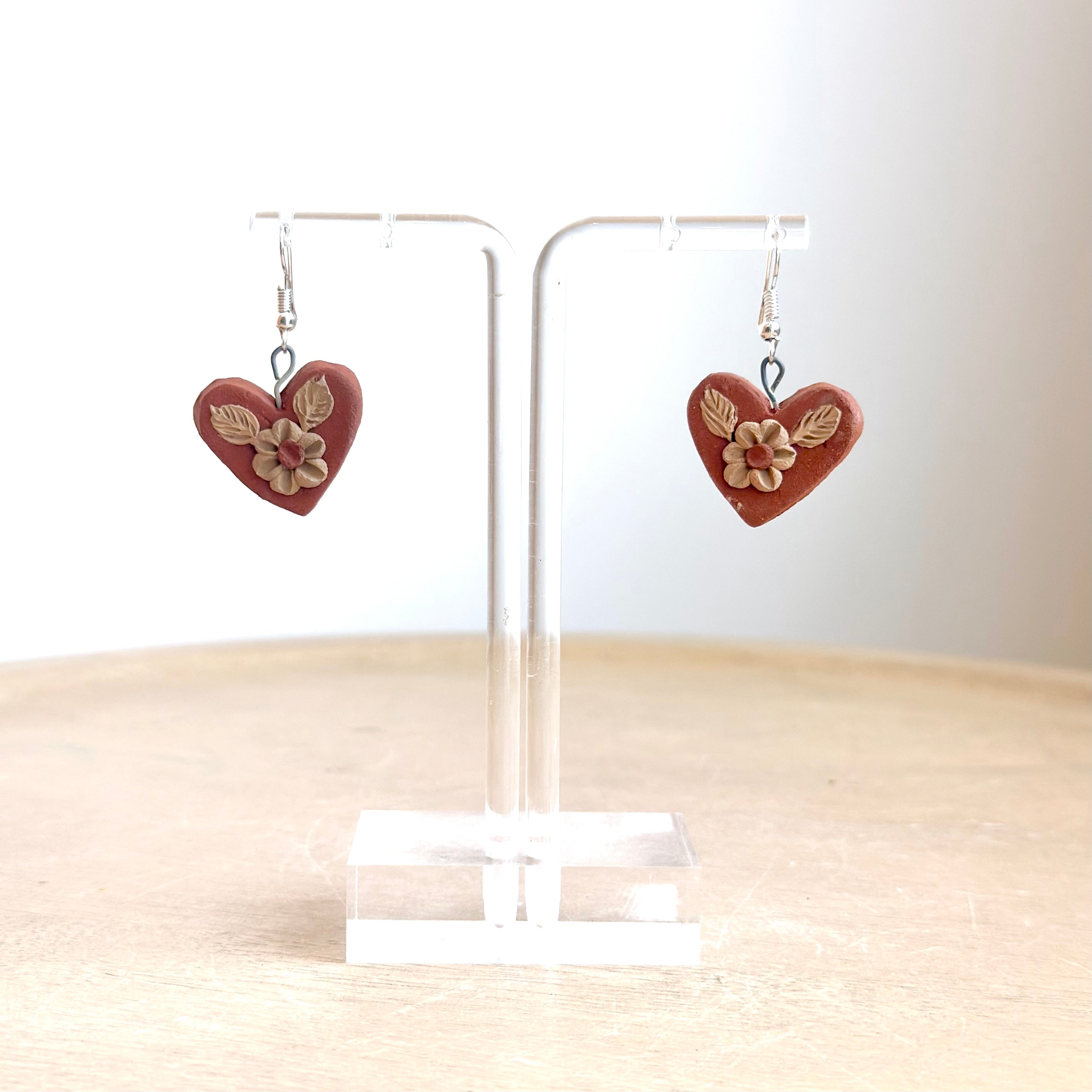 Atzompa Heart Pastillaje Flower Earrings