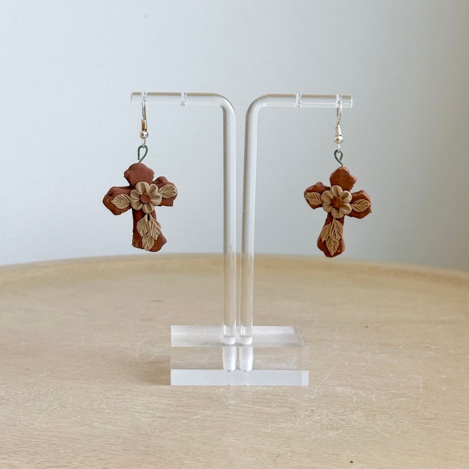 Atzompa Cross Pastillaje Flower Earrings
