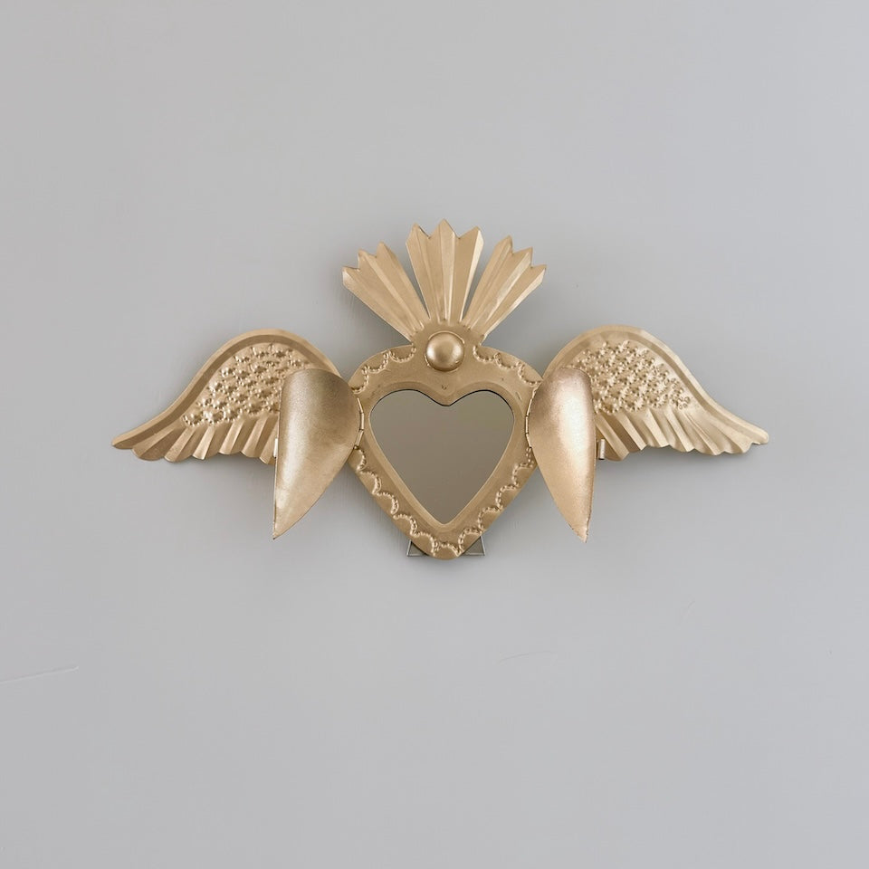 Gold Sacred Tin Heart with Wings Mirror