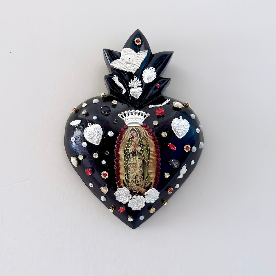All Black Virgencita Milagro Heart with Charms