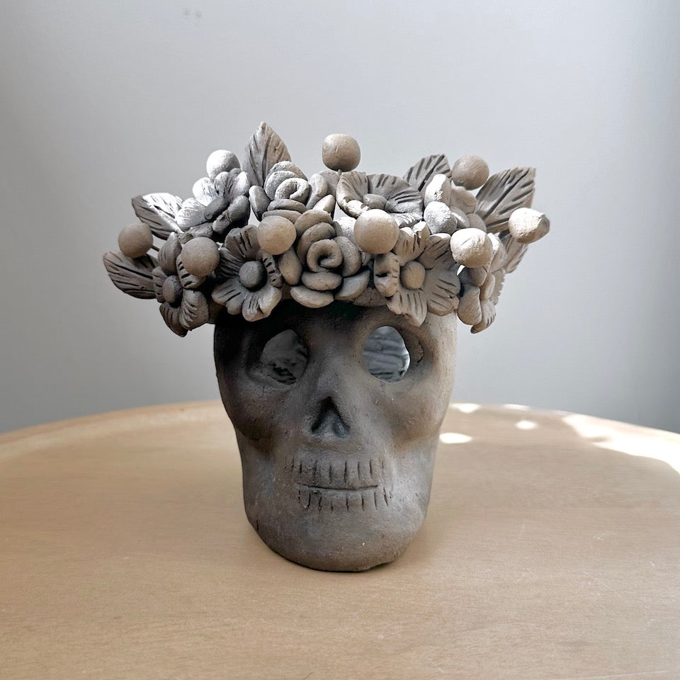Ahumado Catrina Clay Skull Candleholder