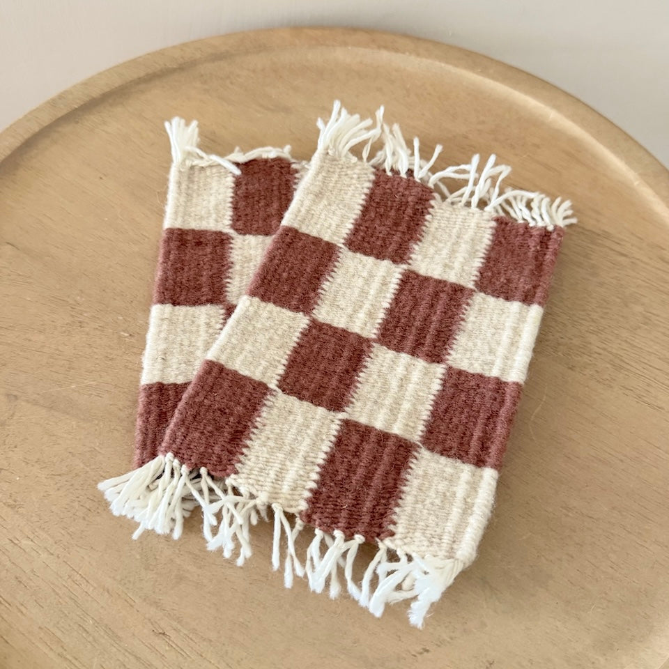 Checkered Wool Coaster Pair - Brown &amp; Cream