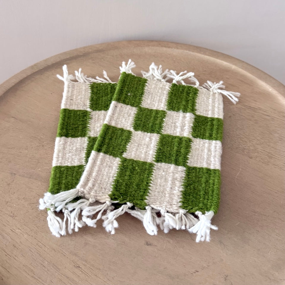 Checkered Wool Coaster Pair - Green &amp; Cream