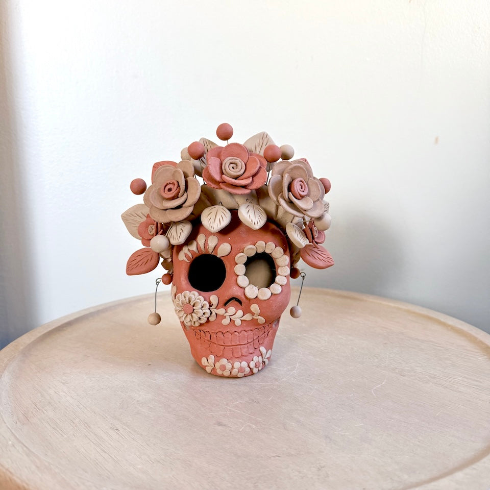 Large Red Catrina Clay Skull With Flower Braids