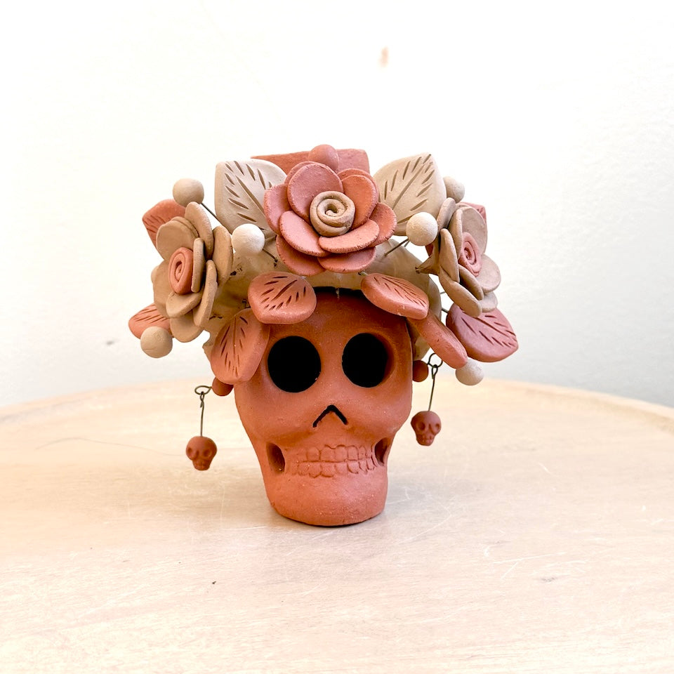Catrina Clay Candle Holder Skulls with Skull Earrings