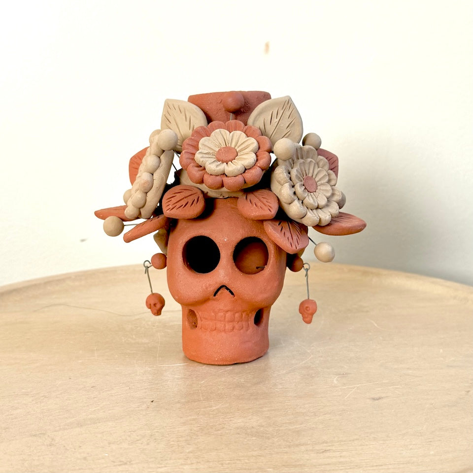 Catrina Clay Candle Holder Skulls with Skull Earrings