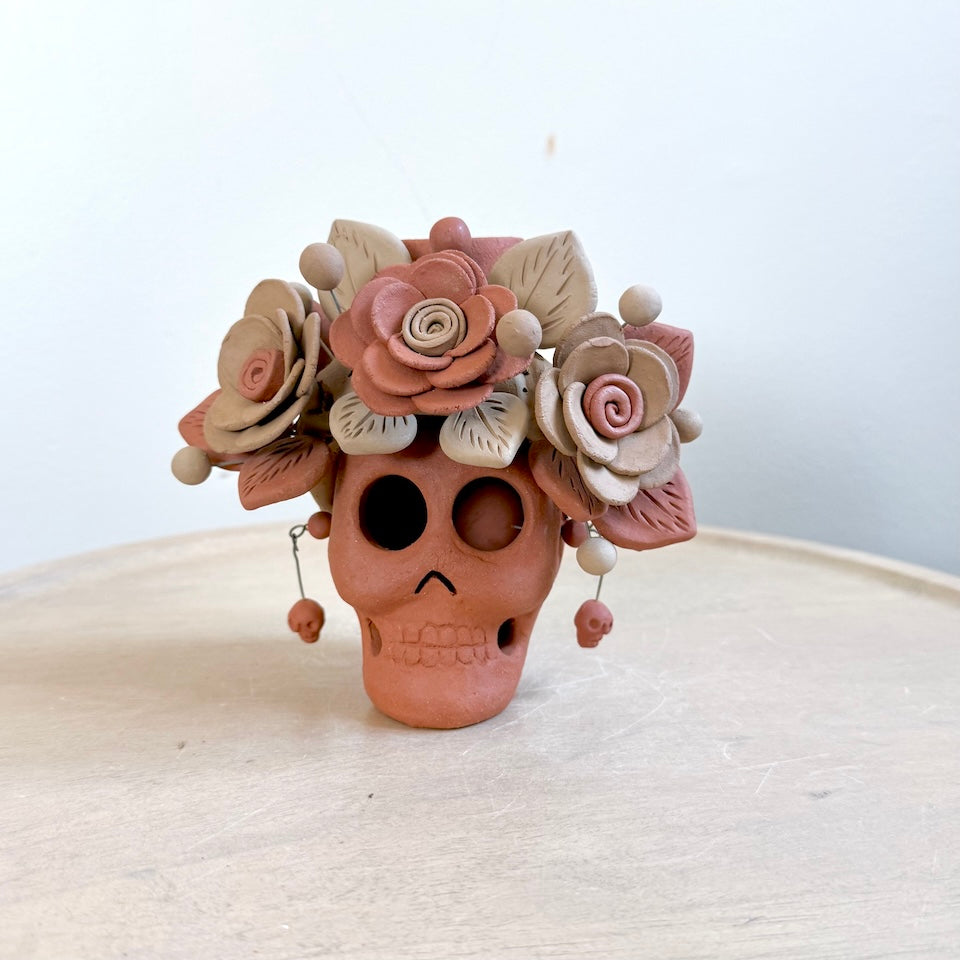 Catrina Clay Candle Holder Skulls with Skull Earrings