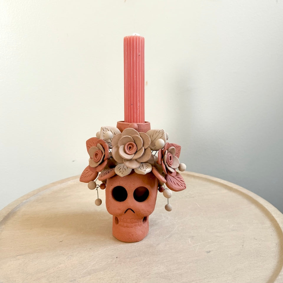 Catrina Clay Candle Holder Skulls with Earrings