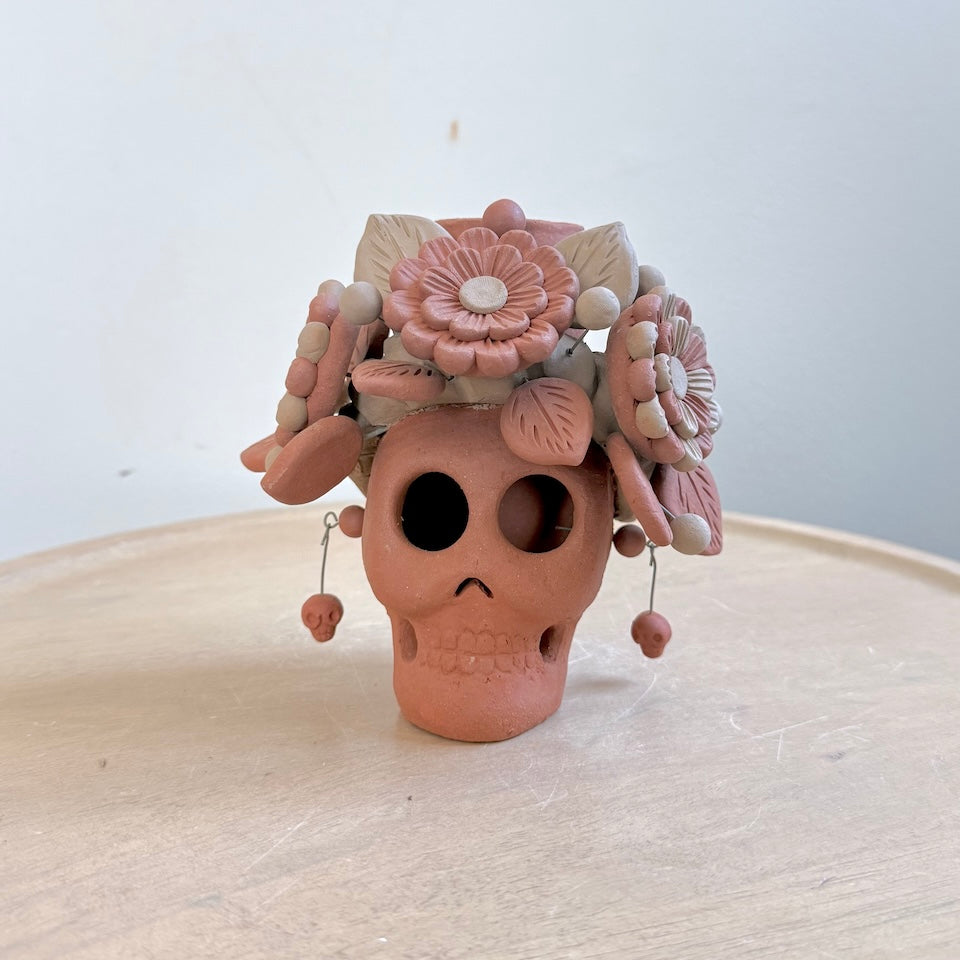 Catrina Clay Candle Holder Skulls with Skull Earrings
