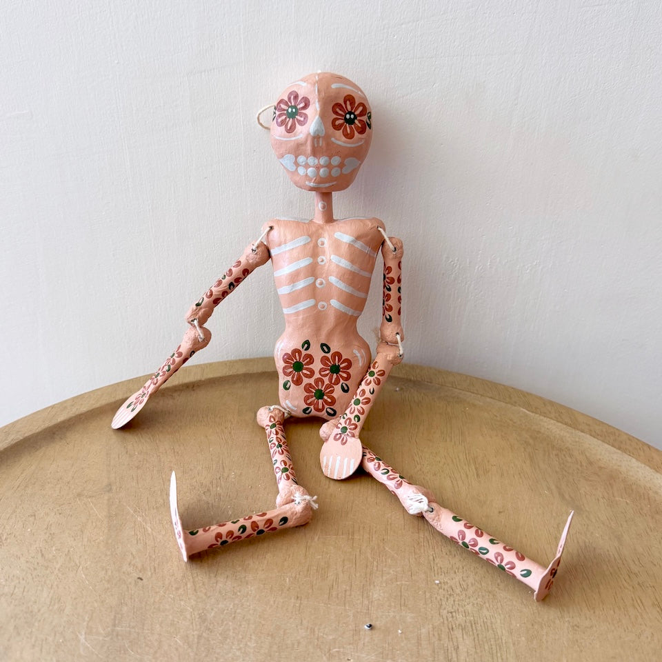 Light Pink Paper Mache Skeleton With Flowers