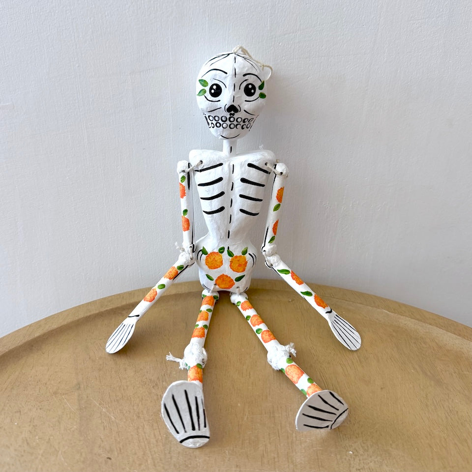 White Paper Mache Skeleton With Marigold