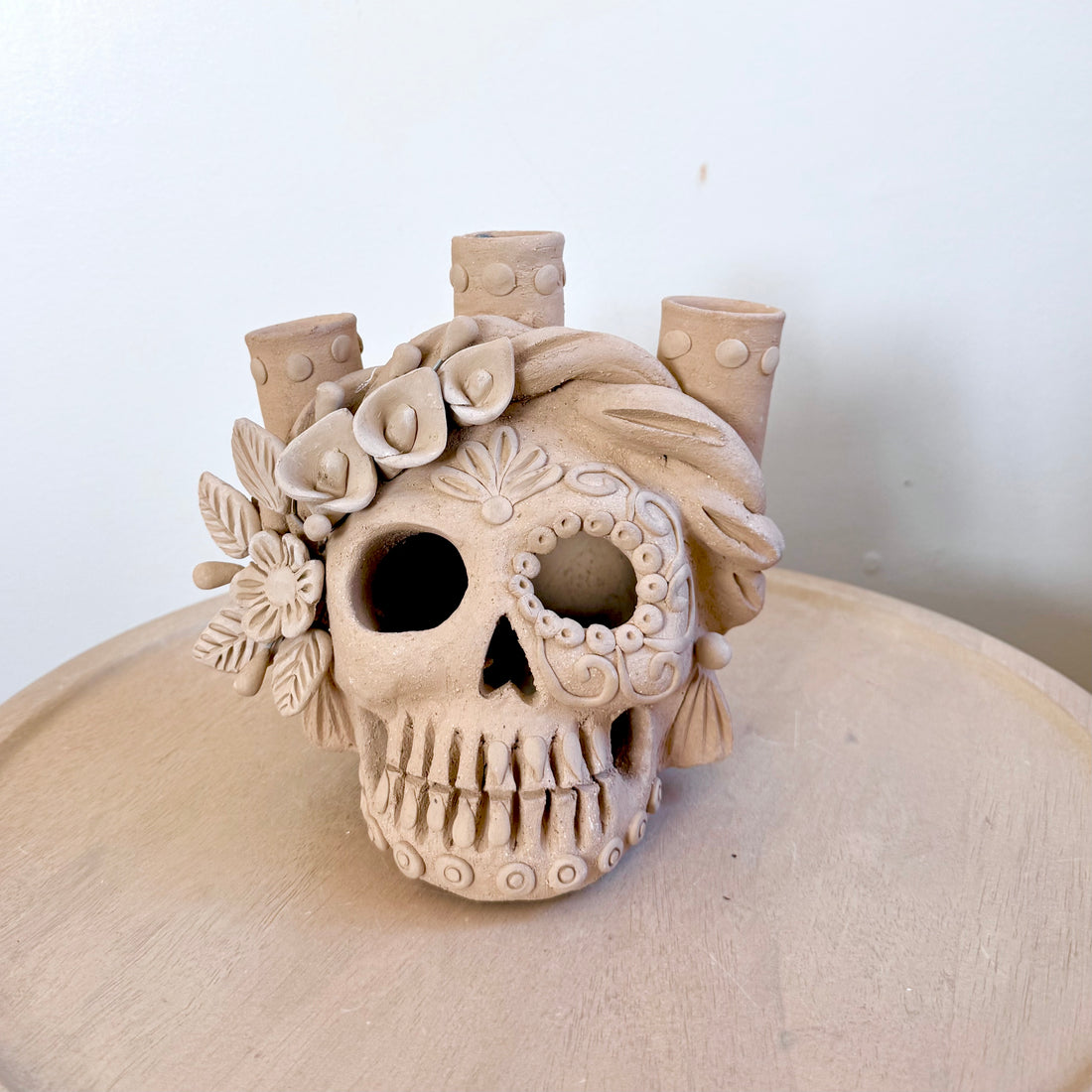 Natural Three Candle Holder Calaveritas Catrinas