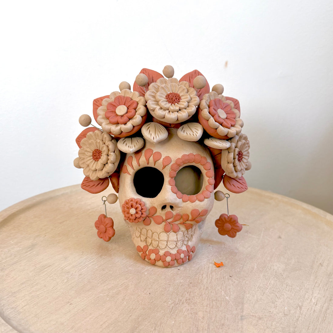 Large Natural Catrina Clay Skull With Flower Braids