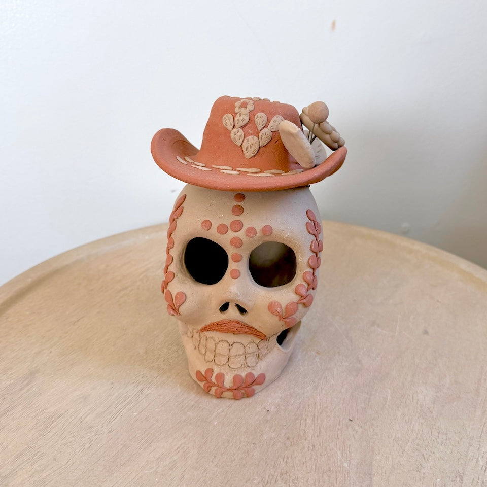 Large Natural Catrin Clay Skull With Sombrero