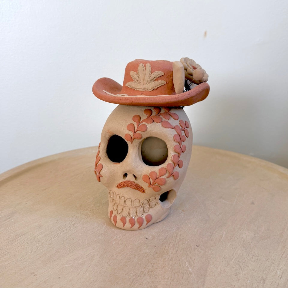 Large Natural Catrin Clay Skull With Sombrero