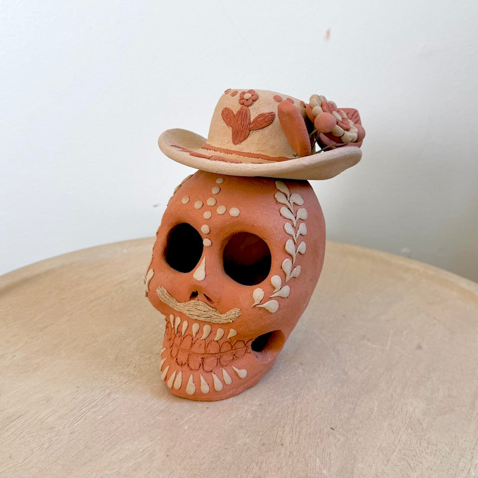 Large Red Catrin Clay Skull With Sombrero