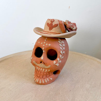 Large Red Catrin Clay Skull With Sombrero